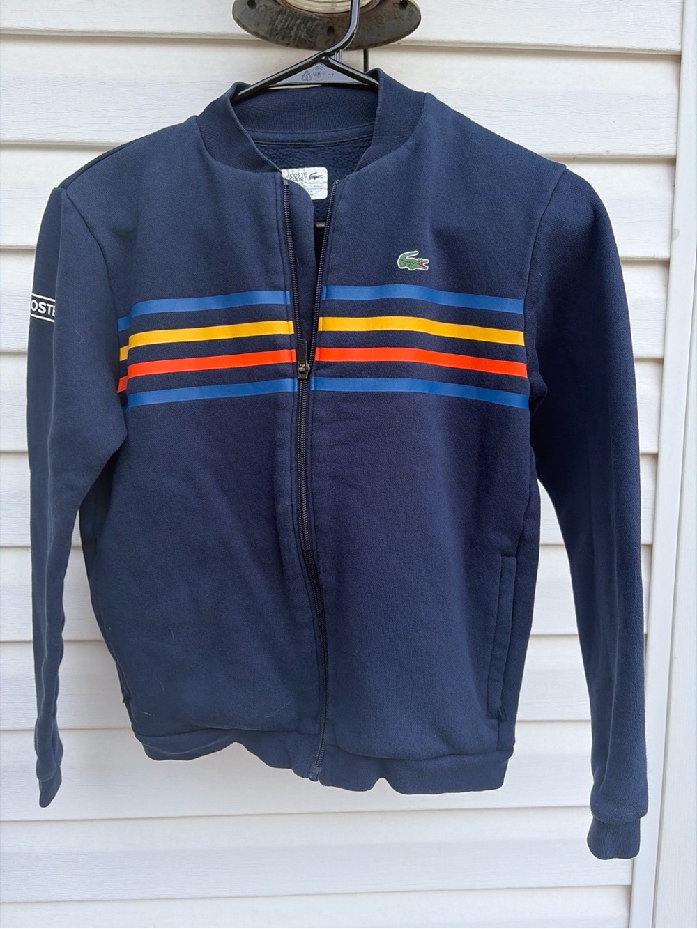 Lacoste Sport Boys 12 Navy Full Zip Jacket Multicolor Stripe Croc Logo